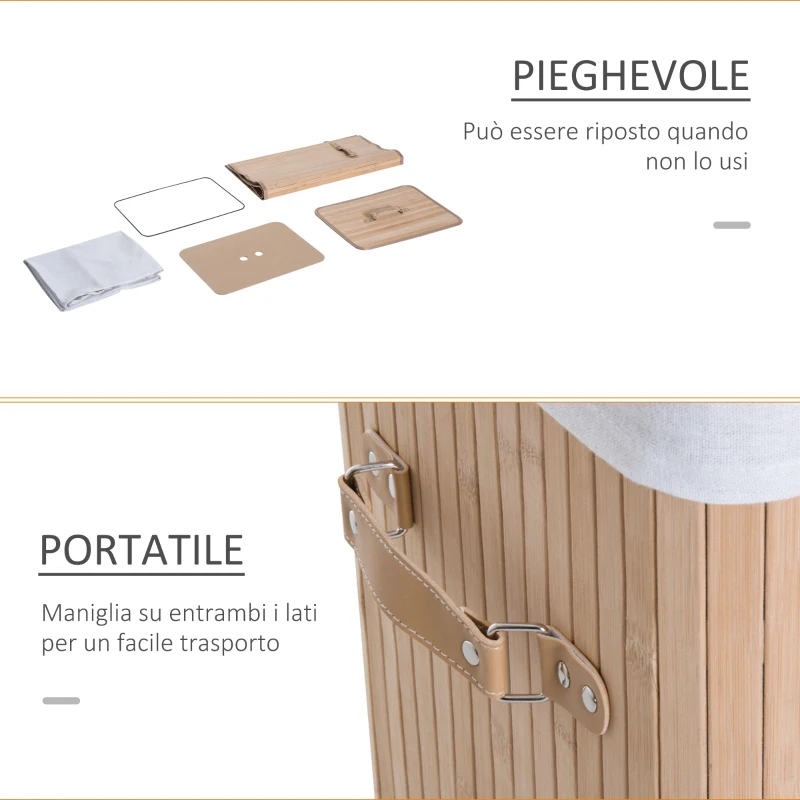 HOMCOM Cesto Portabiancheria in Bambù con Coperchio, Cestino per Biancheria con Sacco in Tessuto Rimovibile, 40x30x60cm, Naturale