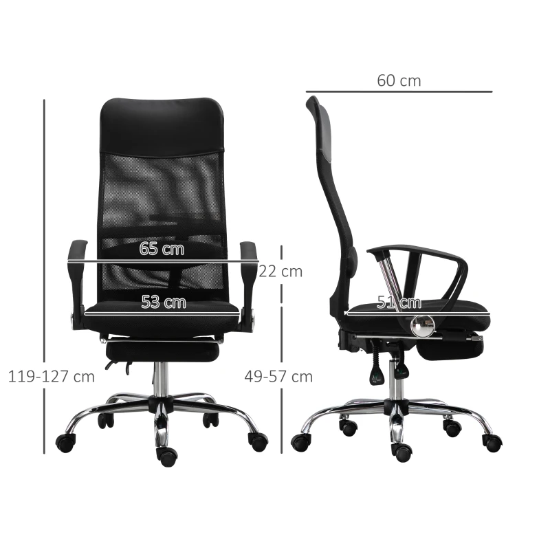 Vinsetto Poltrona da Ufficio Ergonomica, Altezza Regolabile, Reclinabile, Poggiapiedi Estraibile, Supporto Lombare, Nero