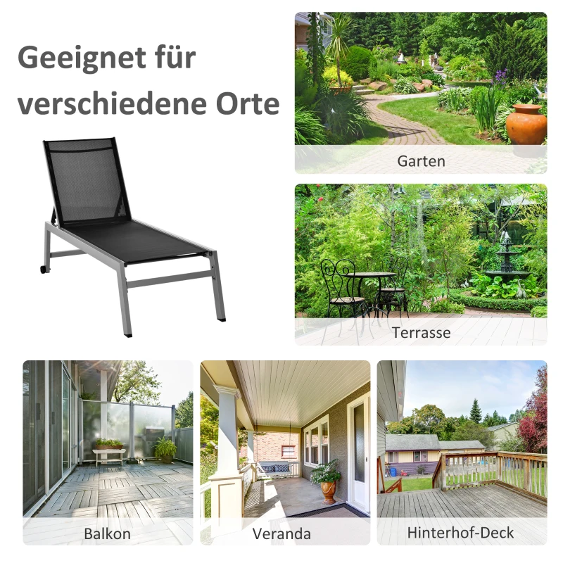 Outsunny Sonnenliege, Gartenliege, 5-stufige Rückenlehne, Aluminium, Schwarz, 202 x 65 x 43 cm