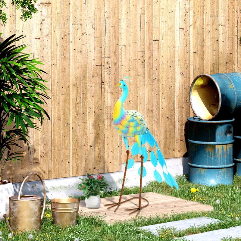 Outsunny Peacock Garden Statue, Standing Garden Ornament, Metal Garden Gift with Stakes for Patio Pond Landscape Decoration, Multi-Colour