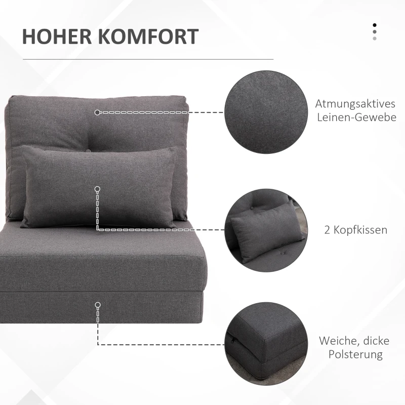 HOMCOM Bodensessel Klappmatratze Schlafmatte, 2-in-1-Design, abnehmbares Kissen, 60 x 80 x 56 cm, Dunkelgrau(m-6)