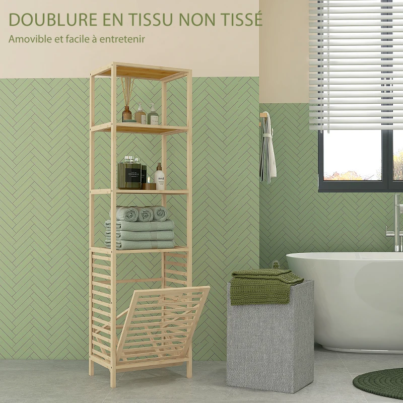 HOMCOM Etagère de rangement pour salle de bain en bambou avec 3 étagères et 1 panier à linge amovible 44L x 33l x 160H cm