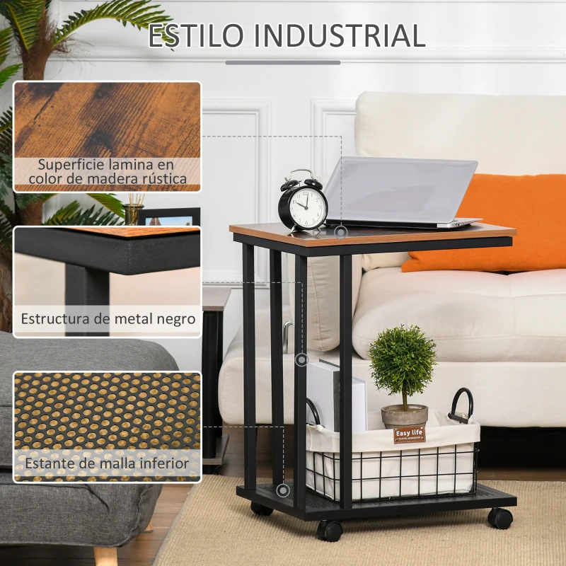 HOMCOM Mesa Lateral Mesa Auxiliar con Ruedas para Sofá Salón Dormitorio Estilo Industrial Retro Mesa Café Ordenador Metal y Madera 51x36x65 cm Natural y Negro(m-4)