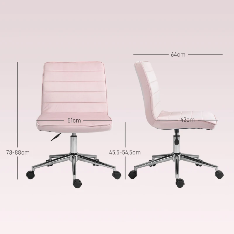 HOMCOM Bürostuhl Office-Stuhl Schreibtischstuhl, höhenverstellbar, Samtoptik, 51 cm x 64 cm x 78-88 cm, Rosa