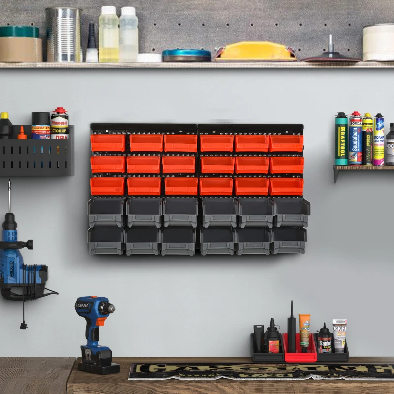 DURHAND Pannello Portautensile con 30 Contenitori Regolabili e Rimovibile, Montaggio a Muro, PP, Rosso Grigio Nero, 37.5x18x63cm