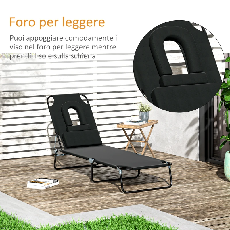 Outsunny Sdraio Pieghevole Reclinabile su 4 Livelli con Foro per Lettura e Cuscino in Tessuto Oxford e Acciaio, 187x58x36 cm, Nero