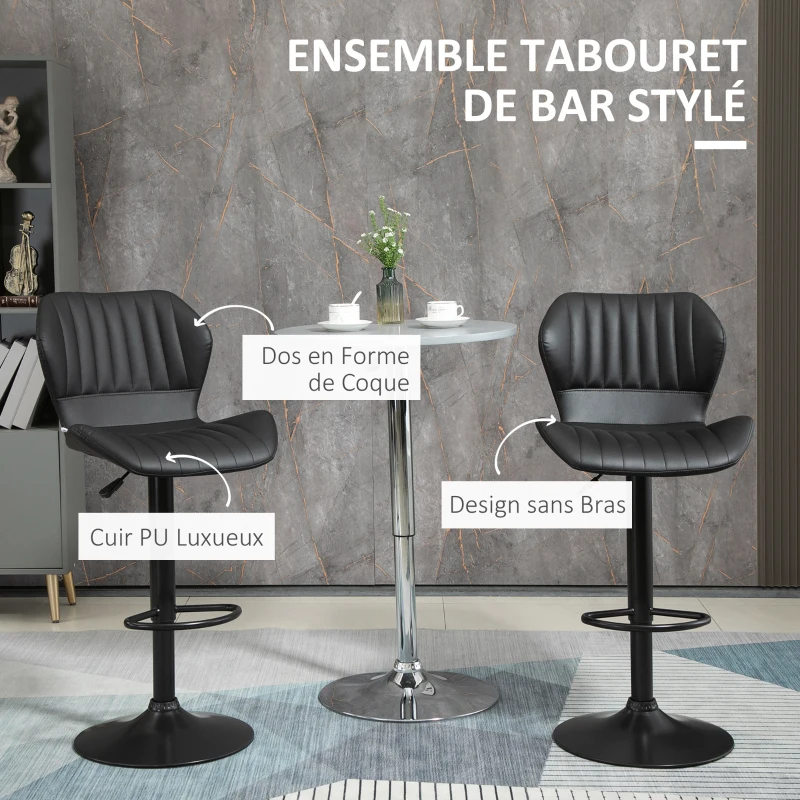 HOMCOM Lot de 2 tabourets de bar design contemporain hauteur réglable et pivotant - revêtement synthétique - pied métal noir