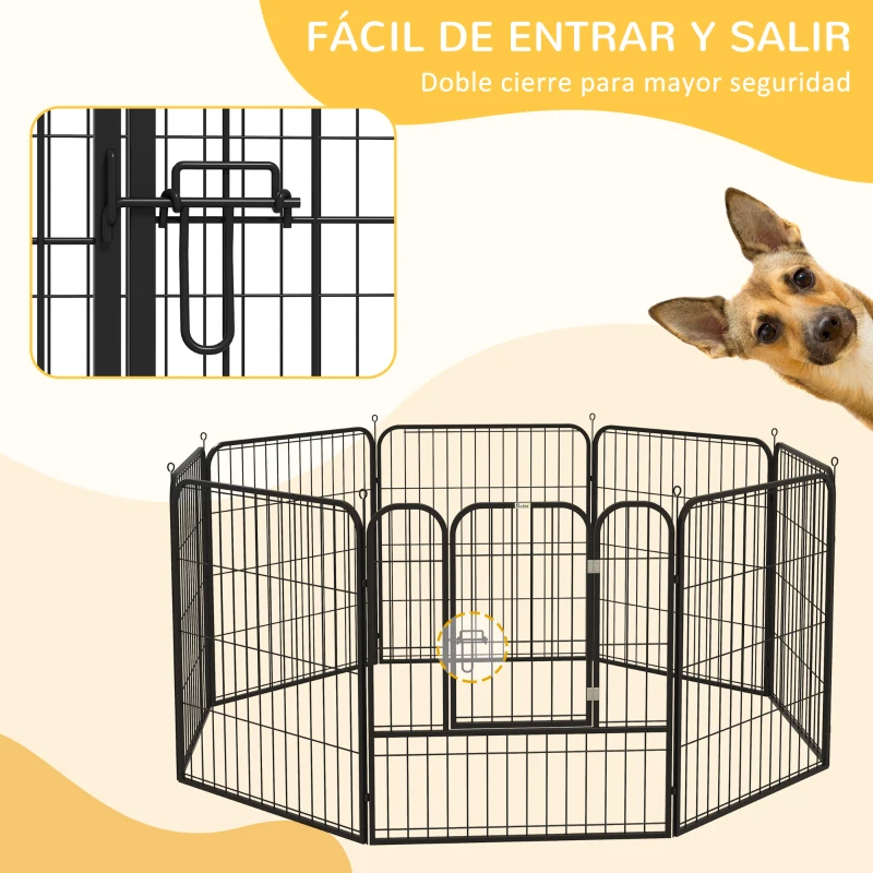 PawHut Parque para Mascotas de 8 Paneles 80x80 cm Corralito para Perros con Puerta y Doble Pestillo Metálicos Negro