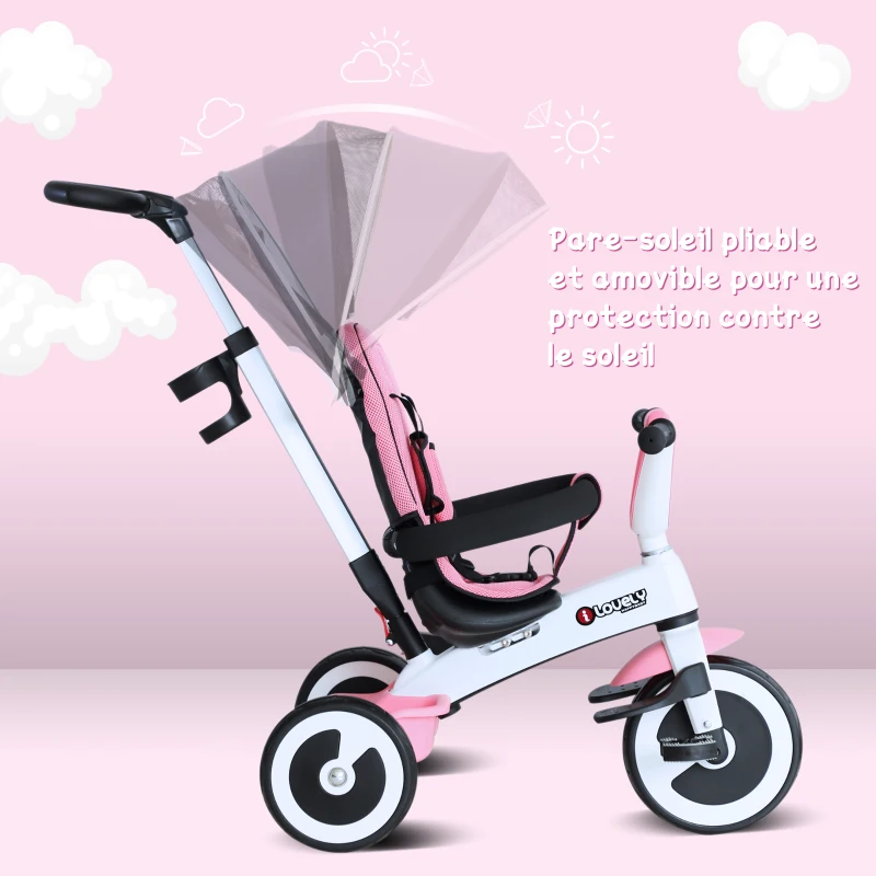 HOMCOM Tricycle enfant évolutif pare-soleil pliable canne télescopique amovible 115L x 54l x 96H cm métal rose blanc noir