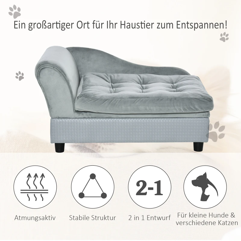 PawHut Haustiersofa mit Stauraum, weichem Kissen, bis 15 kg Tragkraft, Plüschbezug, Hartholzrahmen, Hellgrau