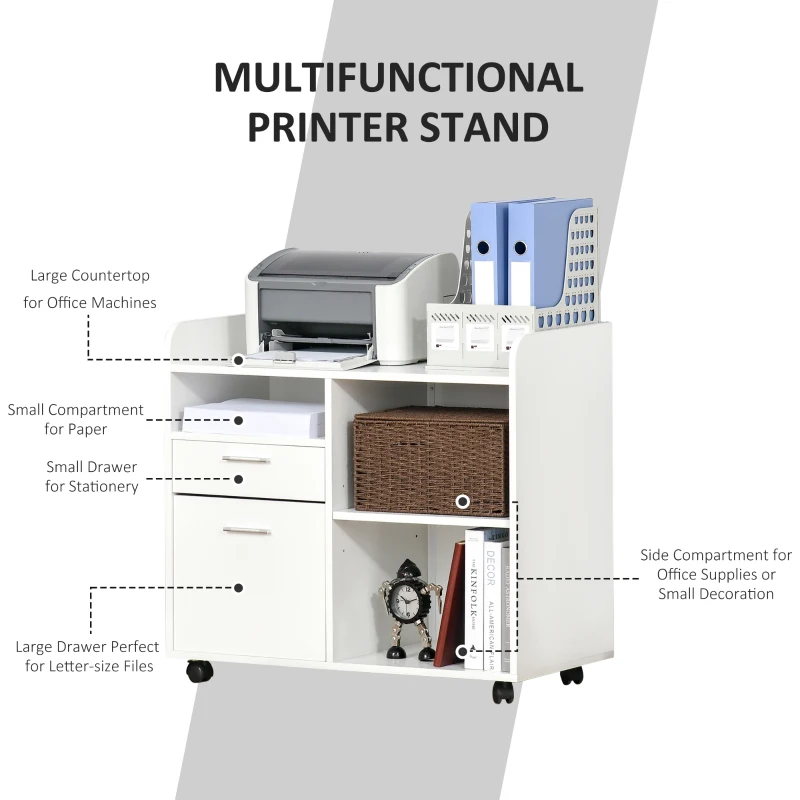 Vinsetto Multipurpose Filing Cabinet, Printer Stand with 2 Drawers, Open Adjustable Storage Shelves for Home Office, Living Room, File Cabinet with Hanging Bar for A4, Letter Size, White