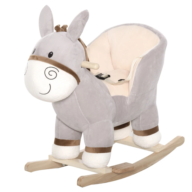 HOMCOM Caballito Balancín Infantil en Forma de Burro de Felpa para Bebés 18-36 Meses con Sonido y Cinturón 61x34x58 cm Gris