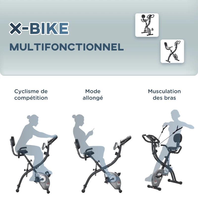 HOMCOM Vélo d'appartement magnetique pliant selle réglable dossier poignées ergonomiques écran LCD multifonction bandes résistances support smartphone acier noir