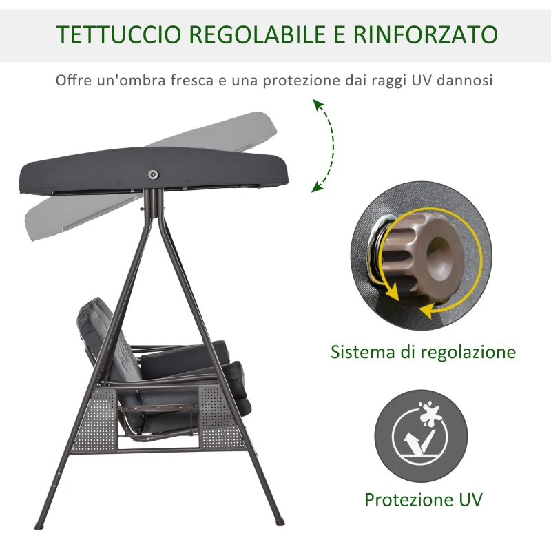 Outsunny Dondolo da Giardino 3 Posti con Tetto Regolabile, Portabicchieri e Cuscini, 208x120x172 cm, Grigio