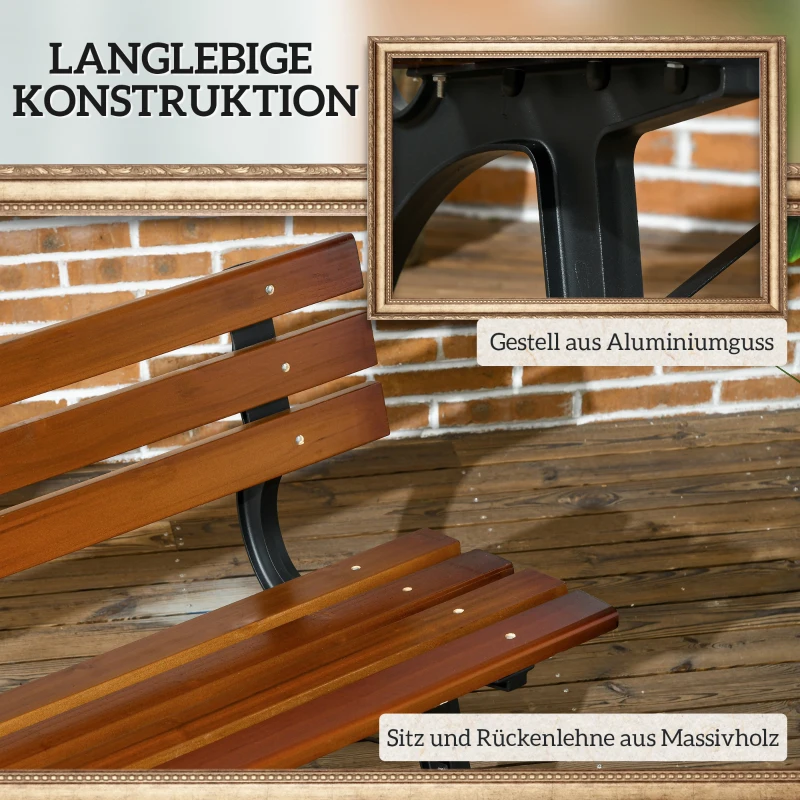 Outsunny Sitzbank für 2 Personen, für Garten & Terrasse, Gussaluminium+Naturholz, 120 x 57 x 70 cm, Braun