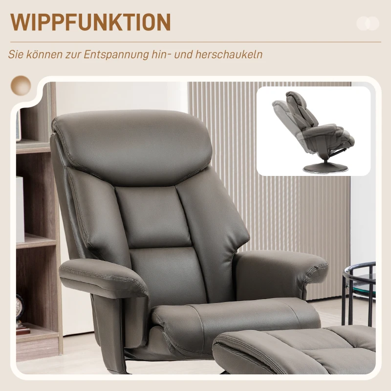 HOMCOM Relaxsessel mit Hocker, Rückenlehne verstellbar, Kunstleder, bis 150 kg, Grau(m-5)