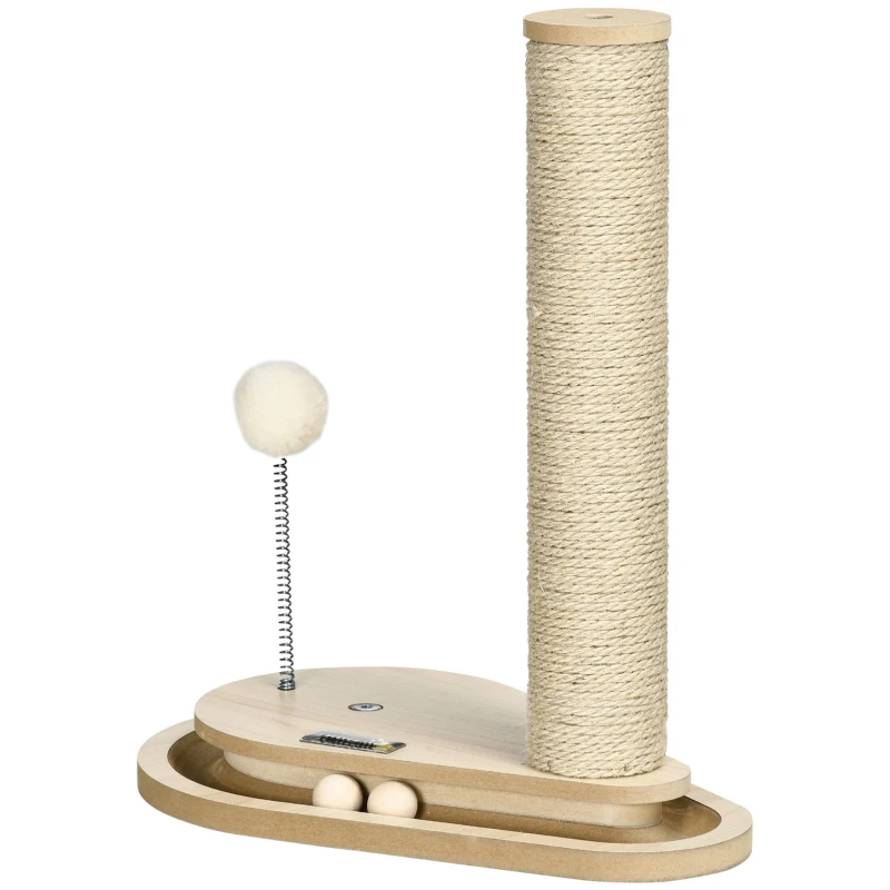 PawHut Tiragraffi per Gatti 4kg max in Truciolato e Iuta con Palline da Gioco Incluse, 35x23x40 cm, color Rovere