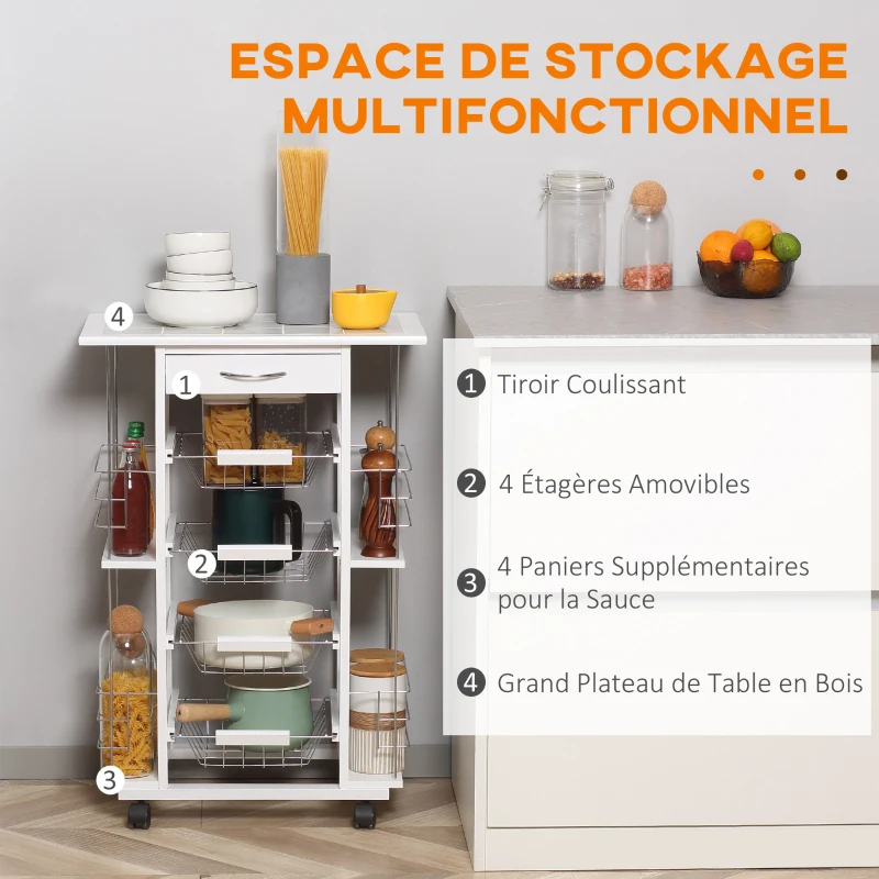 HOMCOM Chariot de service desserte de cuisine à roulettes multi-rangements 4 paniers métal tiroir + 4 range-bouteilles bois pin plateau carrelé blanc