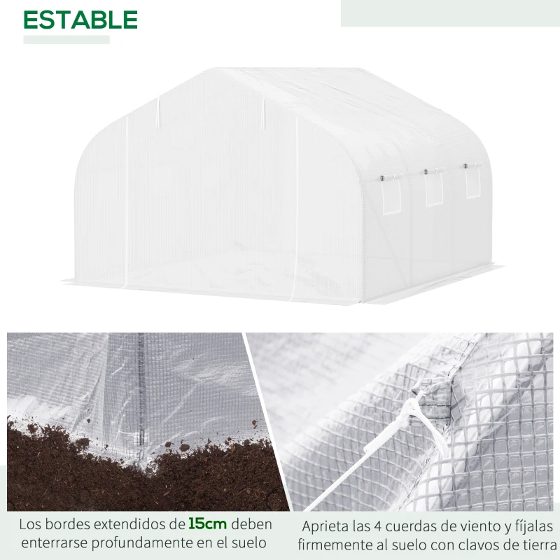 Outsunny Invernadero de Túnel 445x300x205 cm Invernadero de Jardín con 6 Ventanas y Cubierta de Polietileno PE 140 g/m² Blanco