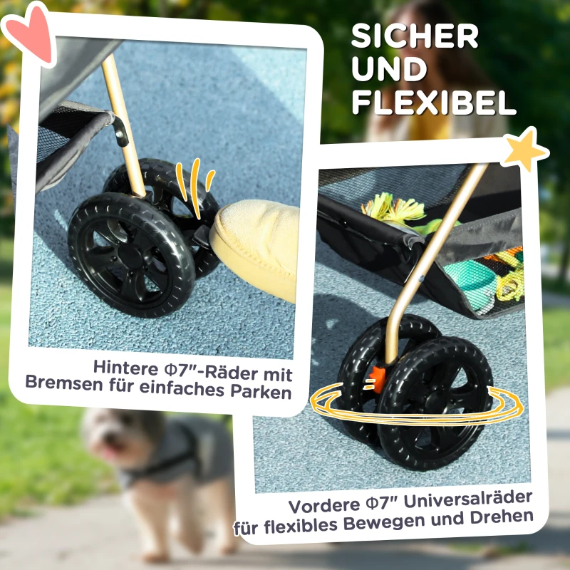 PawHut 3-in-1-Haustierkinderwagen, zusammenklappbarer Hundewagen mit 4 Rädern und abnehmbarer Trage für Hunde und Katzen, Grau(m-7)