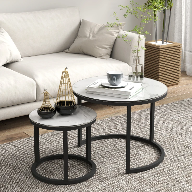 HOMCOM Glass Coffee Table Set of 2, Round Nest of Tables with Marble-Effect Tempered Glass Tabletop and Steel Frame, Modern Side Tables for Living Room, White