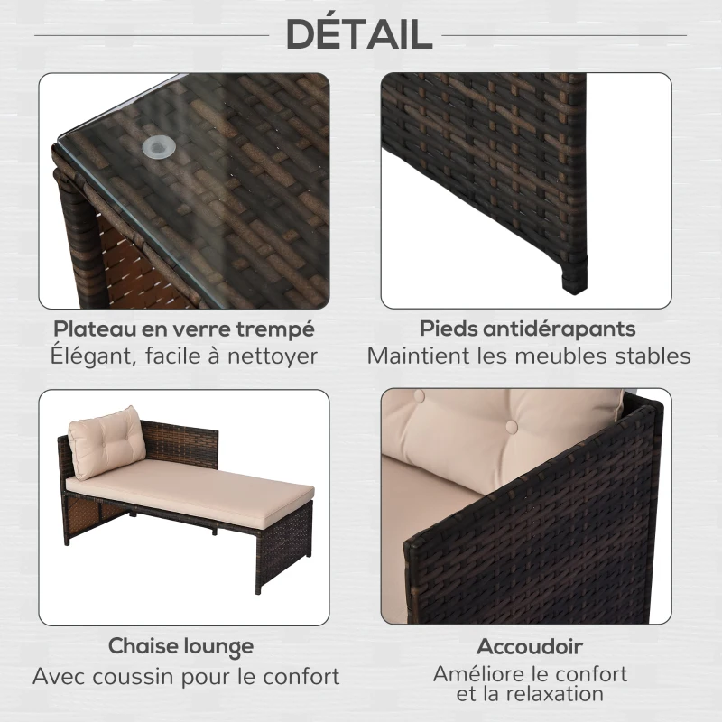 Outsunny Ensemble Salon de Jardin 2 pièces canapé d'angle 4 Places + Table Basse Plateau Verre trempé + 5 Coussins résine tressée Brun