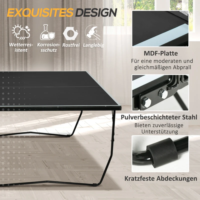 SPORTNOW Tischtennisplatte, klappbar, 8 Räder, pulverbeschichteter Stahlrahmen, MDF, 274 x 152,5 x 76 cm, Schwarz