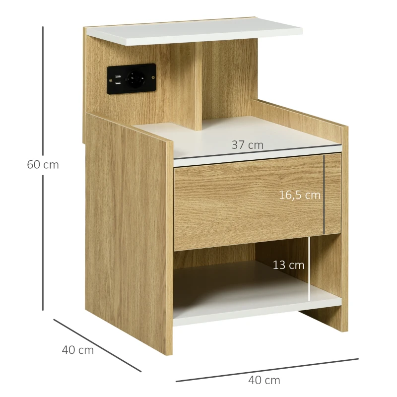 HOMCOM Mesilla de Noche con Puertos USB Toma de Corriente Cajón y Estantes Mesa de Noche 40x40x60 cm Natural