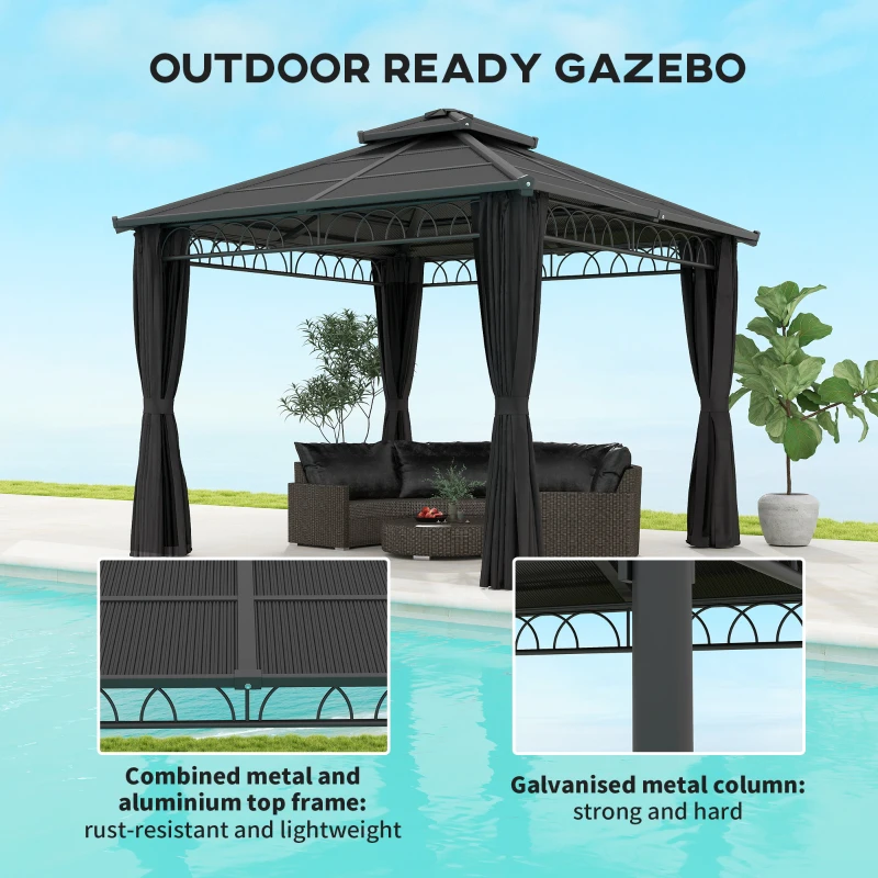 Outsunny 3 x 3 (m) Outdoor Polycarbonate Gazebo, Double Roof Hard Top Gazebo with Galvanised Steel Frame, Nettings & Curtains for Garden, Lawn, Patio and Deck, Dark Grey