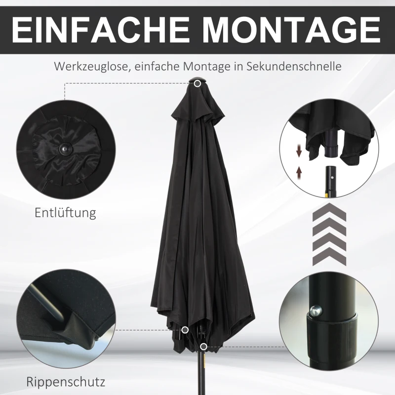 Outsunny Knickschirm Sonnenschirm Gartenschirm Marktschirm mit Handkurbel Alu 180/㎡ Polyester Schwarz ∅2,6 x 2,35 m
