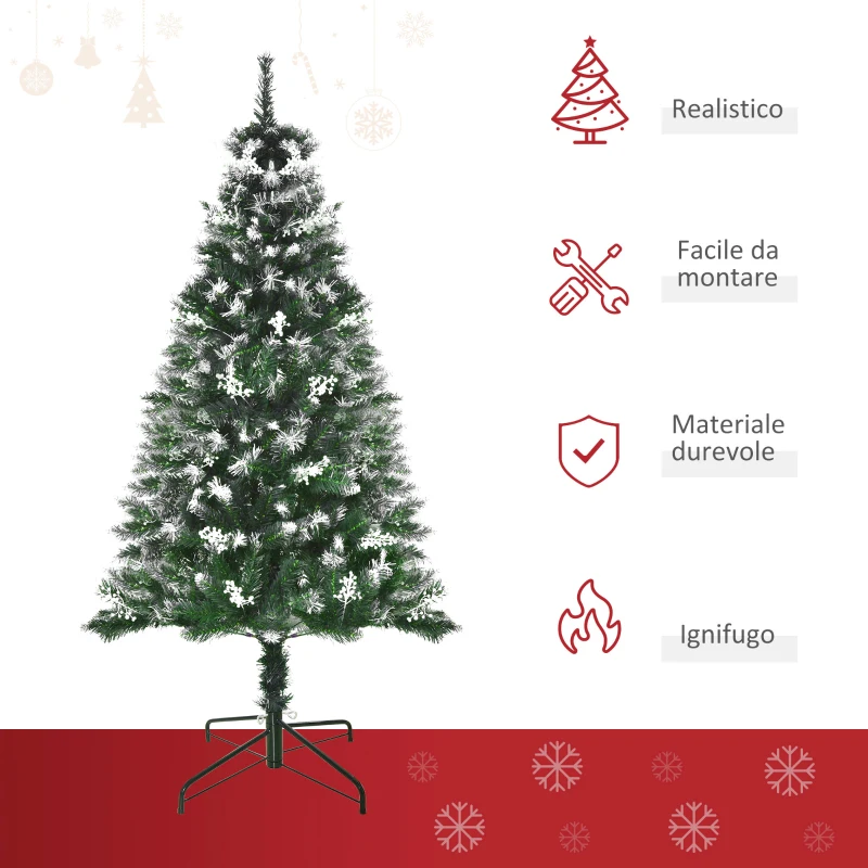 HOMCOM Albero di Natale Innevato 150cm con Bacche Decorative Bianche, Base Rimovibile Pieghevole, 378 Rami, Verde