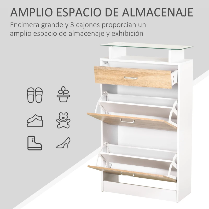 HOMCOM Mueble Zapatero Armario Zapatero con 3 Cajones Estante de Vidrio y Asa de Aluminio para Pasillo 60x24x105,5 cm Natural