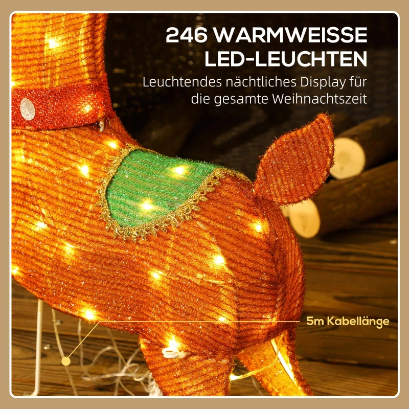 Outsunny Leuchtende Weihnachts-Dekoration, Weihnachtsmann auf Schlitten mit Rentieren, 246 LED-Lichter, Bodenspieße, Mehrfarbig