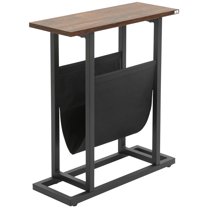 HOMCOM Beistelltisch, Nachttisch, schmales Design, mit Stofftasche, Stahl, dunkelbraun+schwarz, 49 x 19 x 55cm