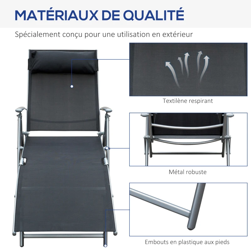 Outsunny transat Chaise Longue Bain de Soleil Pliable Dossier inclinable Multi-Positions têtière fournie 137L x 64l x 101H cm métal époxy textilène Noir