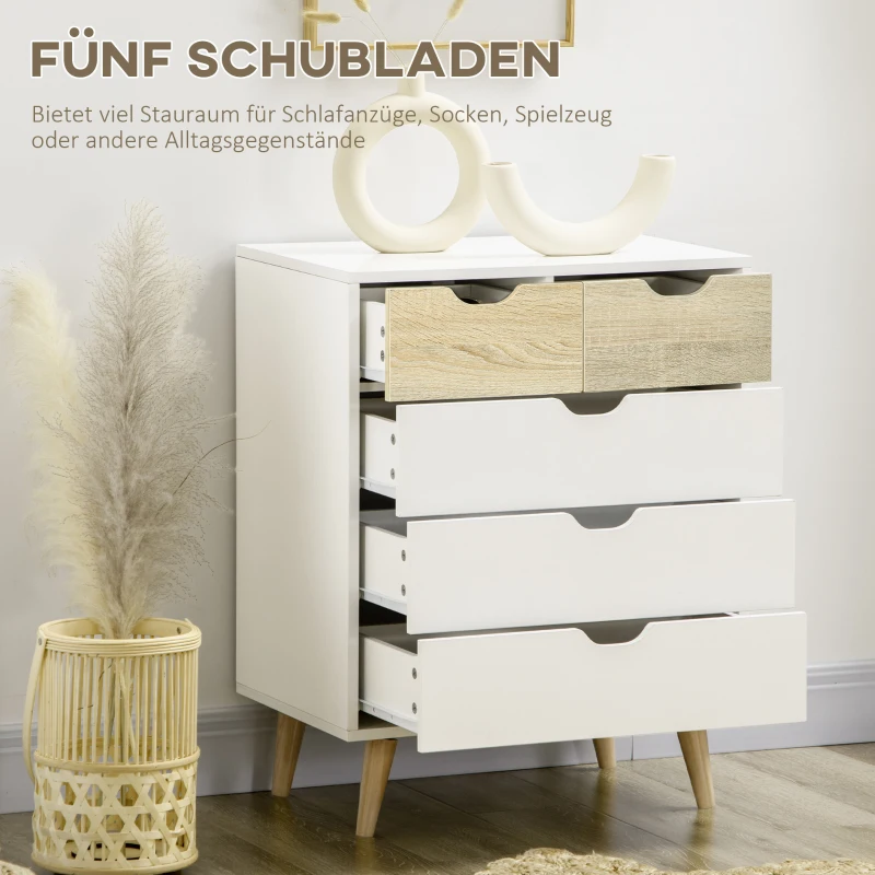HOMCOM Kommode, Schrank, 5 Schubladen, Kippschutz, modernes Design, Kiefernholz, weiß+hellbraun, 60 x 40 x 77,5cm