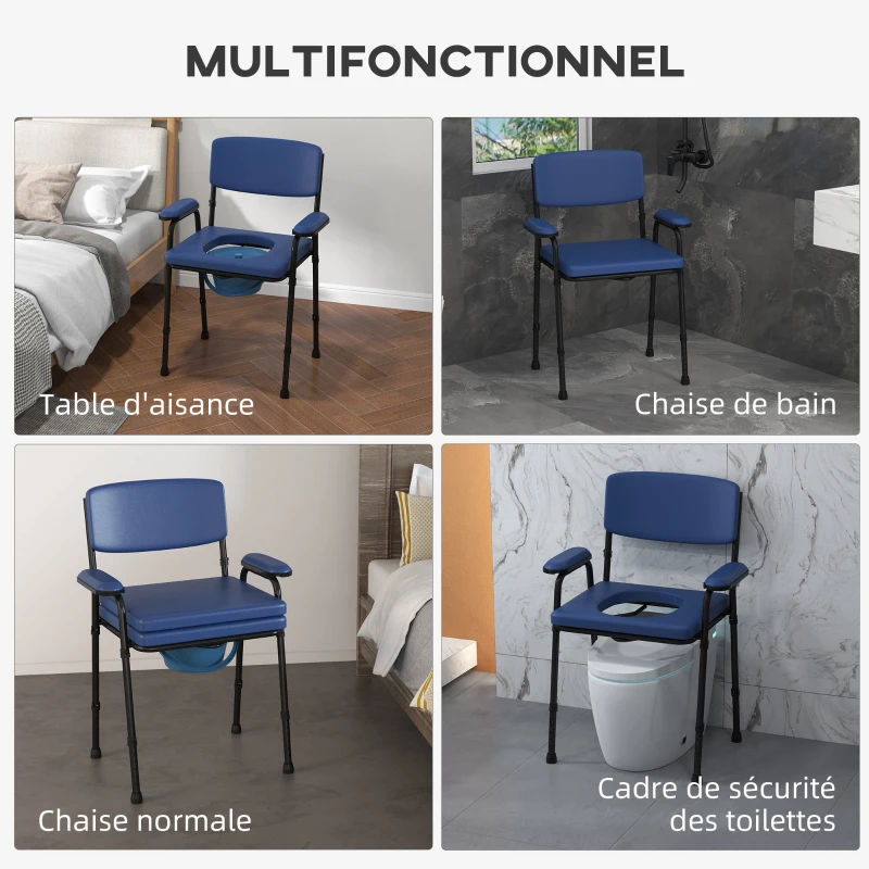 HOMCOM Chaise percée toilette multifonctions seau amovible hauteur réglable avec dossier siège et accoudoirs rembourrés bleu(m-4)