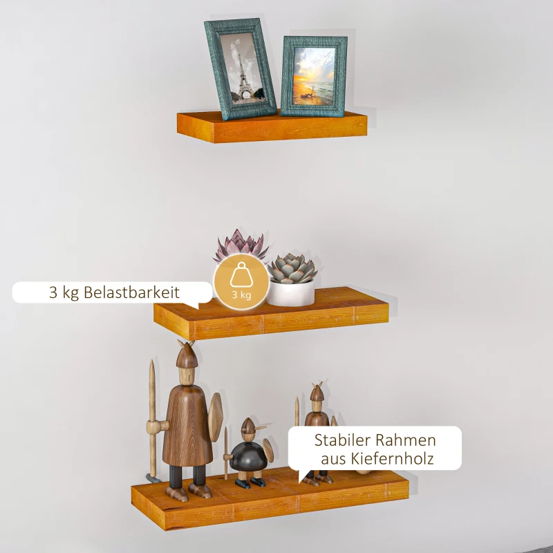 HOMCOM 3-er Set Wandregale Schweberegal Wandregal, 50 cm x 18 cm x 3,6 cm, Kiefernholz, Braun