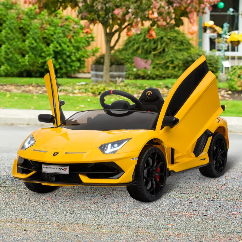 HOMCOM Coche Eléctrico para Niños de +3 Años Lamborghini SVJ Batería 12V con Mando a Distancia Velocidad de 3-5 km/h Música y Faros Carga 25 kg 123x66,5x45,5 cm Amarillo