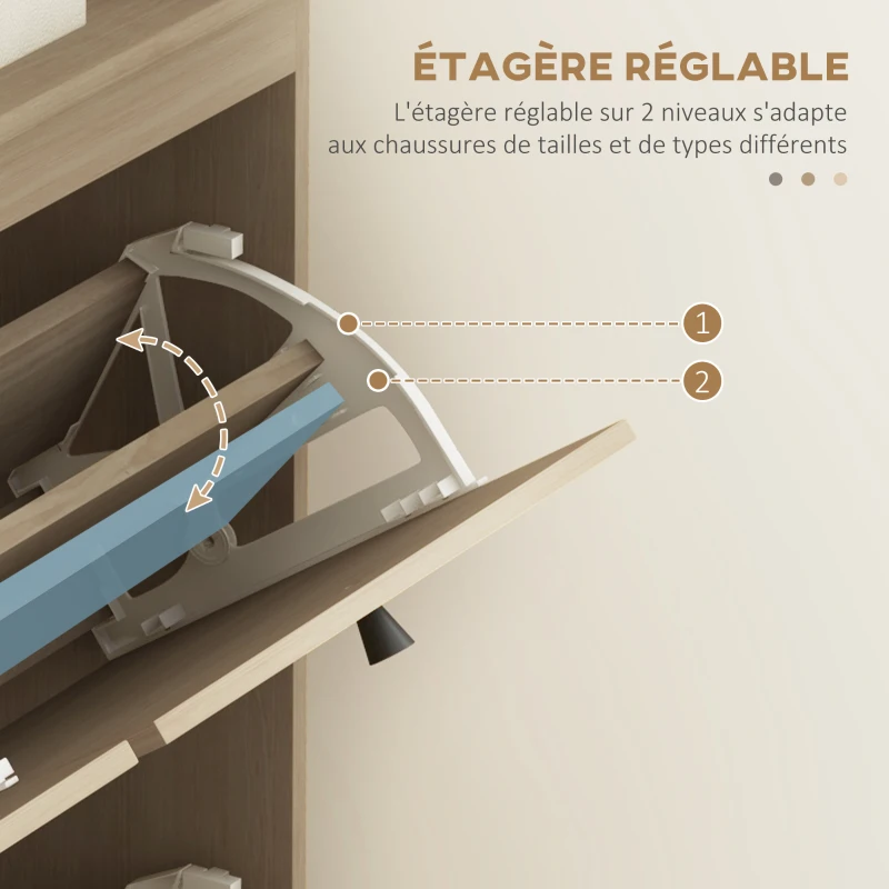 HOMCOM Meuble à chaussures 4 abattants 20 paires étagère réglable style bohème pieds en bois massif 105 x 24 x 97,5 cm naturel
