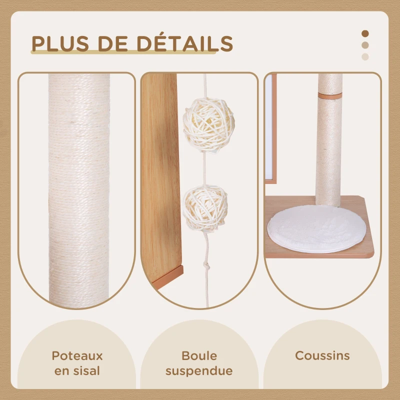 PawHut Arbre à chats design contemporain griffoirs grattoirs sisal naturel centre d'activités niche plate-formes jeu boules suspendues 71,5L x 49,5l x 120H cm MDF hêtre clair