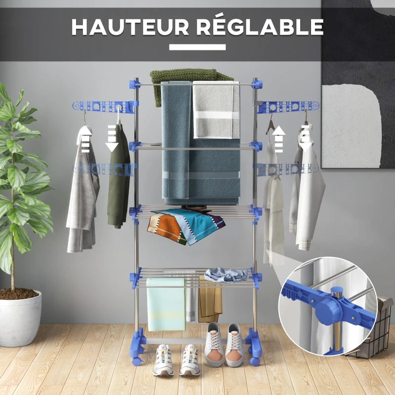 HOMCOM Séchoir à Linge étendoir pliable ailes latérales utilisation intérieure et extérieure 142 x 55 x 172 cm 4 niveaux bleu