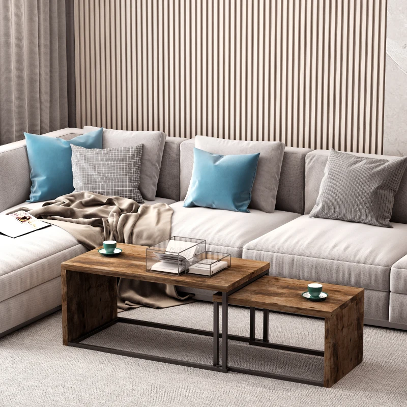 HOMCOM Lot de 2 Tables Basses gigognes Design Industriel encastrable dim. Grande Table 90L x 48l x 42H cm métal Noir Aspect Vieux Bois