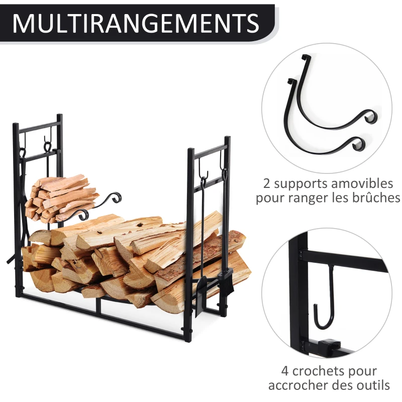 Outsunny Porte bûches - Range bûches Serviteur de cheminée - Multi Accessoires étagère bûche et Petit Bois métal Noir