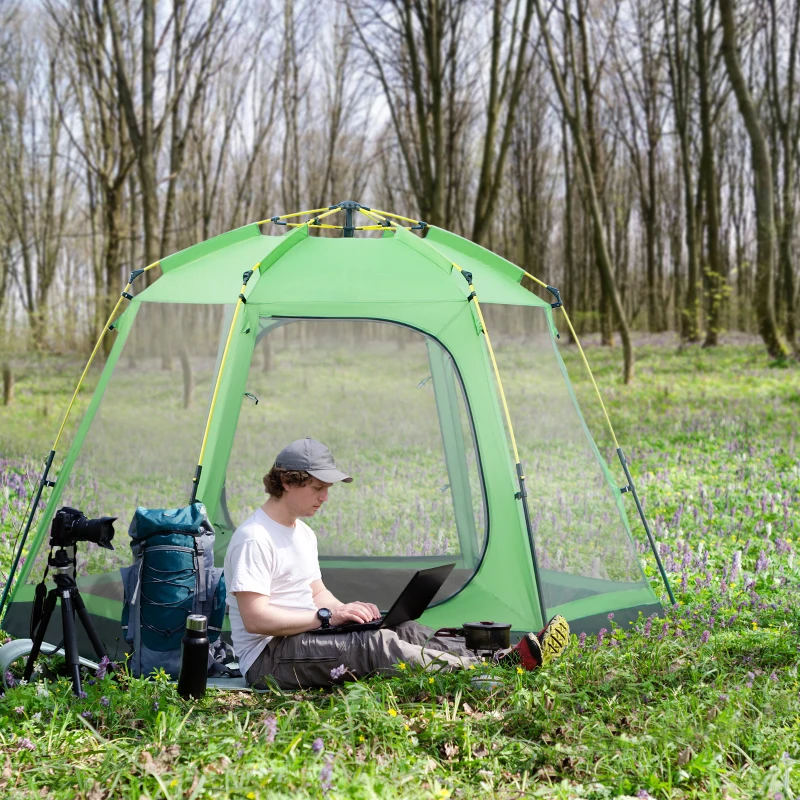 Outsunny Tente de camping familiale 6 personnes Pop-up tente dôme légère ventilée facile à monter 4 fenêtres 2 portes dim. 320L x 320l x 176H cm fibre verre polyester vert gris