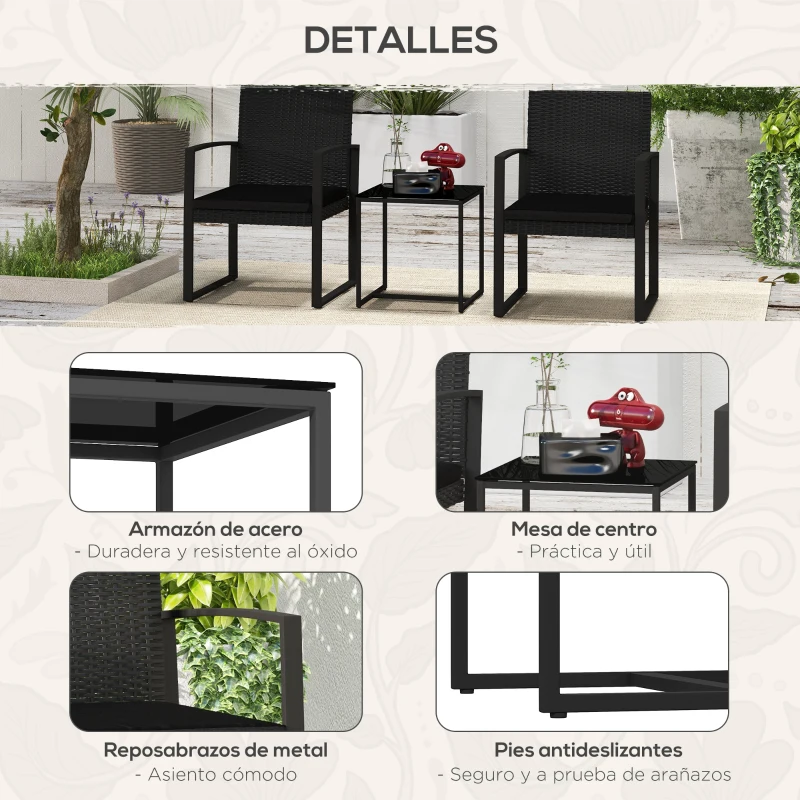 Outsunny Conjunto de Muebles de Jardín de Ratán Sintético Juego de 1 Mesa y 2 Sillas de Terraza con Cojines y Reposabrazos Negro