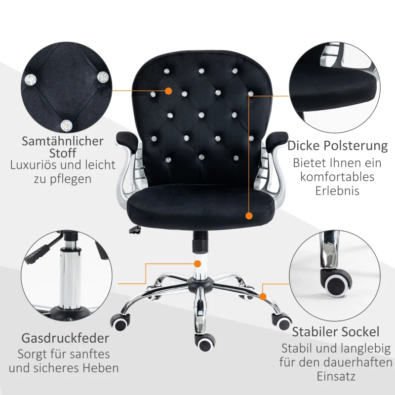 Vinsetto Bürostuhl, Knopfheftung, Samtoptik, höhenverstellbar, ergonomisch, bis 120 kg, Schwarz