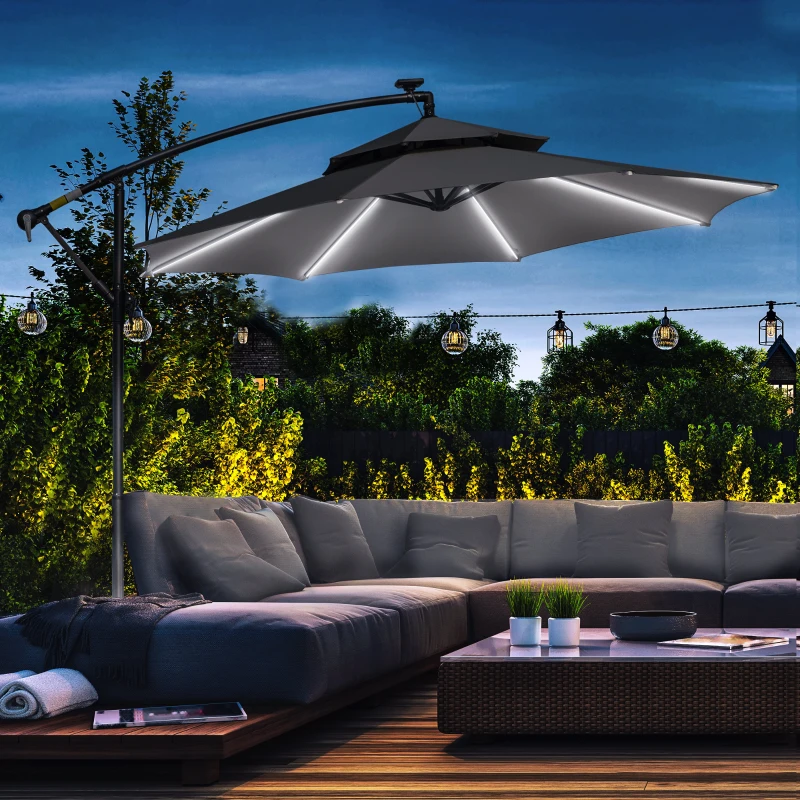 Outsunny 3(m) Cantilever Banana Parasol Hanging Umbrella with Double Roof, LED Solar lights, Crank, 8 Sturdy Ribs and Cross Base for Outdoor, Garden, Patio, Light Grey