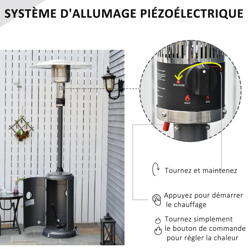 Outsunny Parasol Chauffant Commercial 12,5 KW - Chauffage d'extérieur gaz 30 m² - Chauffage de terrasse - Double sécurité - Puissance réglable - roulettes - Acier INOX. Gris