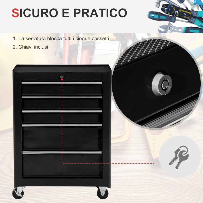 HOMCOM Carrello Porta Utensili Attrezzi Attrezzatura con Cassettiera Nero 61.5 x 33 x 82.5cm
